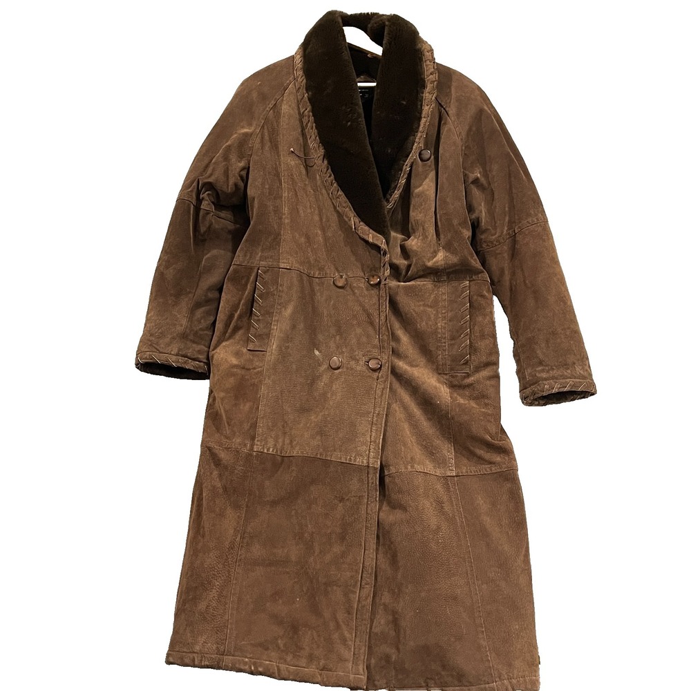 Vintage Pelle Coat Womens Medium Leather Suede Fur Lining Brown Double Breasted